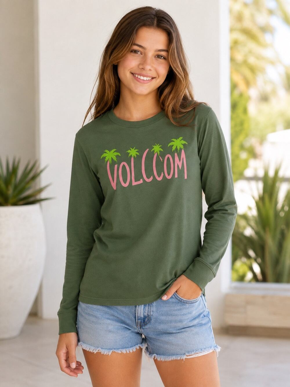 Volcom Girls Long Sleeve Graphic T Shirt XL 14 16 Green Palm Tree Logo NWT